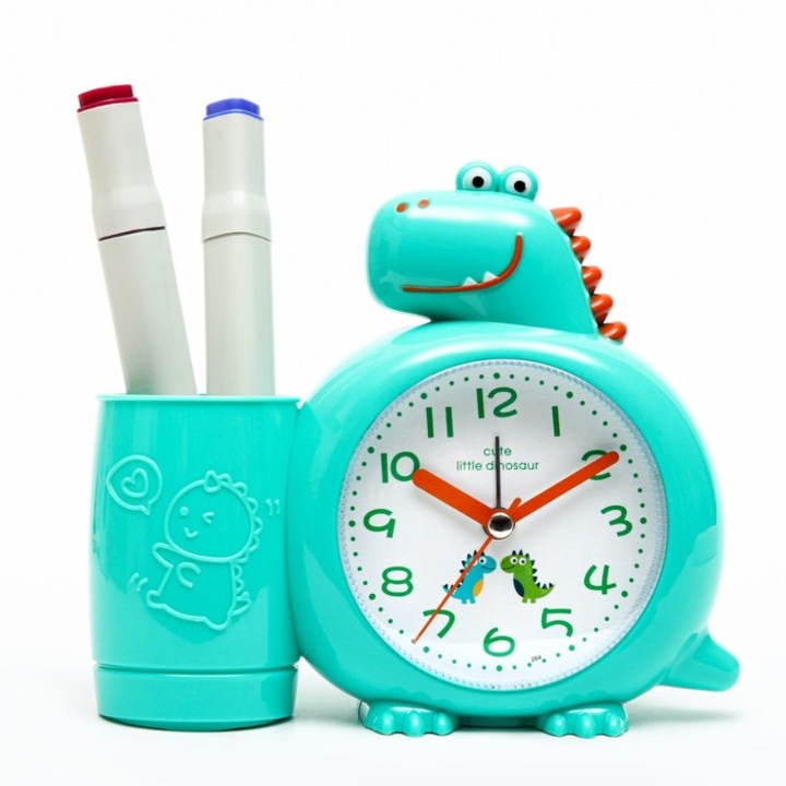 Ceas deșteptător pentru copii cu dinozauri și suport pentru pixuri, design turcoaz Torch