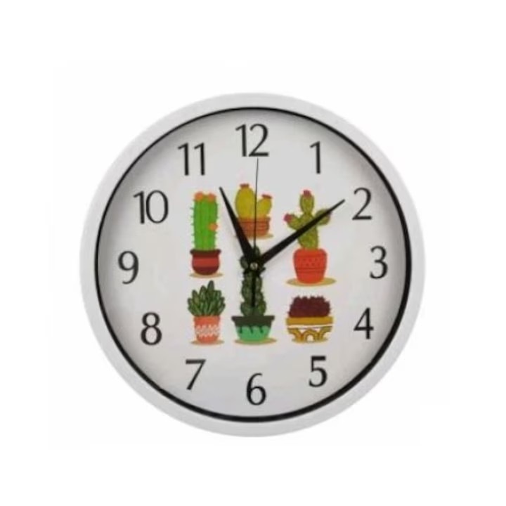 Kaktusz mintás kerek analóg falióra fehér kerettel 30 cm July