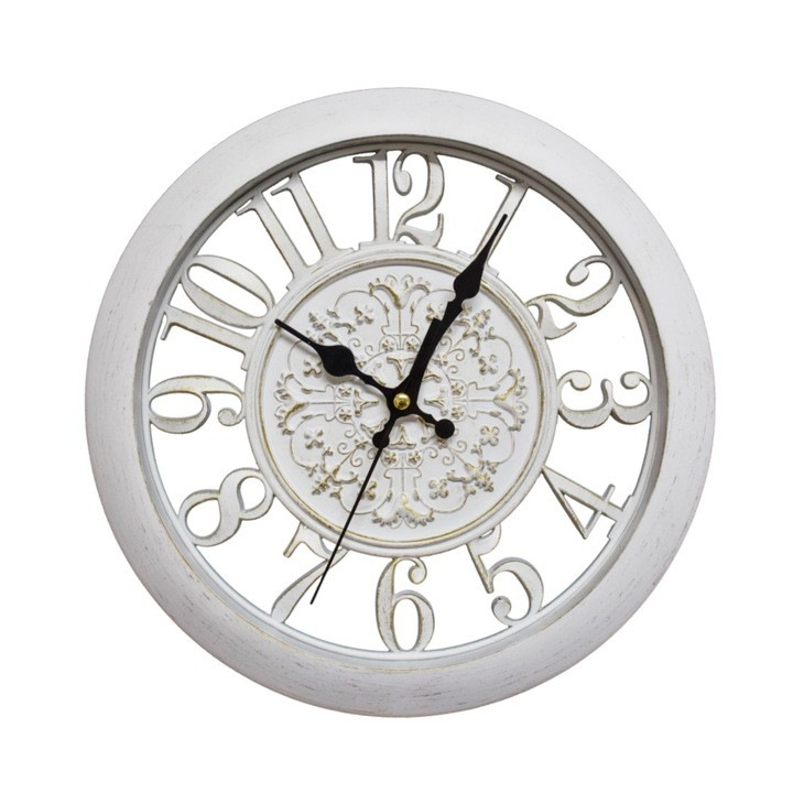 Vintage stílusú áttört mintás fehér analóg falióra csendes szerkezettel Metroman