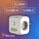 Reagle Stecher Priza Multipla 7 in 1 – 3 Prize Schuko 3x USB A 1x USB C 18W – 2500W – Protectie Supratensiune – Siguranta Copii – Intrerupatoare Individuale – Cube Compact – Marcaj CE – Rezistent la Foc