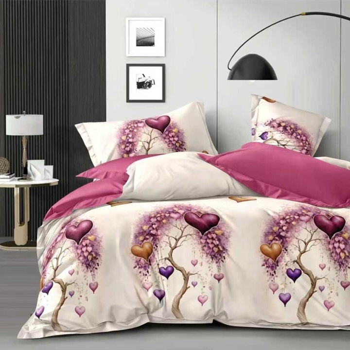 Lenjerie pat dublu din finet copac cu inimi mov, cearceaf pat cu elastic 180x200 cm, 6 piese, Lenjerii Deosebite