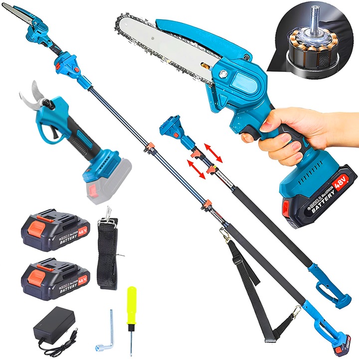 Drujbă electrică 3 în 1 Teno, 2 acumulatori 48V, maner telescopic, verde