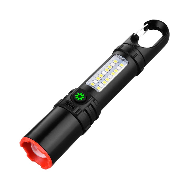 Lanterna portabila, 280 lumeni, lumina laterala COB cu multiple moduri de iluminare, focalizare reglabila, rezistenta la apa, 800 mAh, incarcare USB, potrivita pentru diverse scenarii, negru
