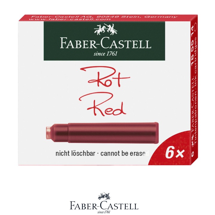 Set 6 Cartuse de Cerneala Rosie pentru Stilou, Care Poate fi Stearsa, Faber-Castell, Pentru Corectii si Creativitate, Standard International
