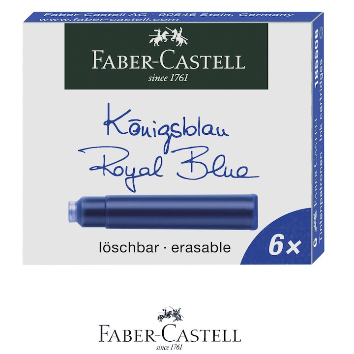 Set 6 Cartuse de Cerneala culoare Albastra Royal, pentru Stilou, Care Poate fi Stearsa, Faber-Castell, Pentru Reincarcare Rapida la Scoala si Birou