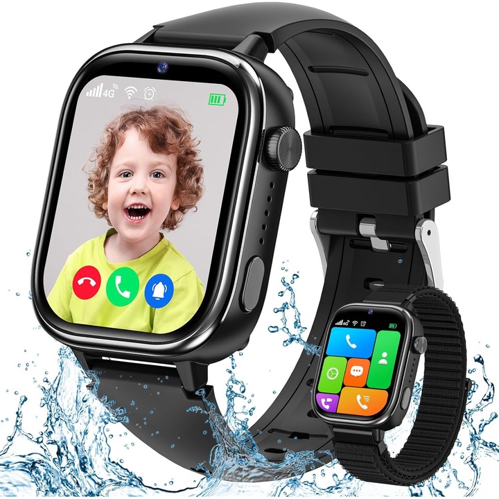 Smartwatch 4G pentru copii T40, localizator GPS pentru copii si localizator de apeluri cu buton SOS, pisica, apel video, IP68, impermeabil, mod clasa, album foto, pedometru, ceas desteptator pentru copii - negru