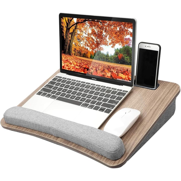 Stand Laptop HUANUO cu Suprafata Antiderapanta, Pernita pentru Laptop, Suport Telefon/Tableta, Spatiu de Depozitare, 42x33 cm - Potrivit Pentru Pat/Canapea