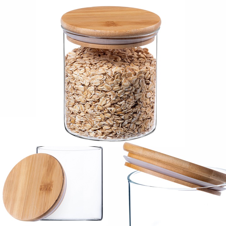 Set 3 borcane cu capac din bambus, KADAX, 800ml, transparent