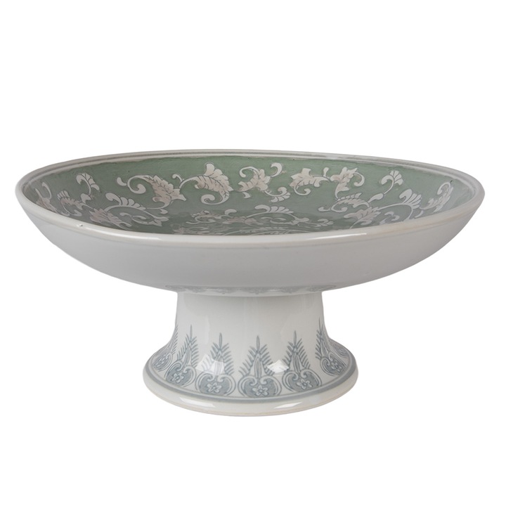 Zöld porcelán tálca, ovális, 26x13 cm