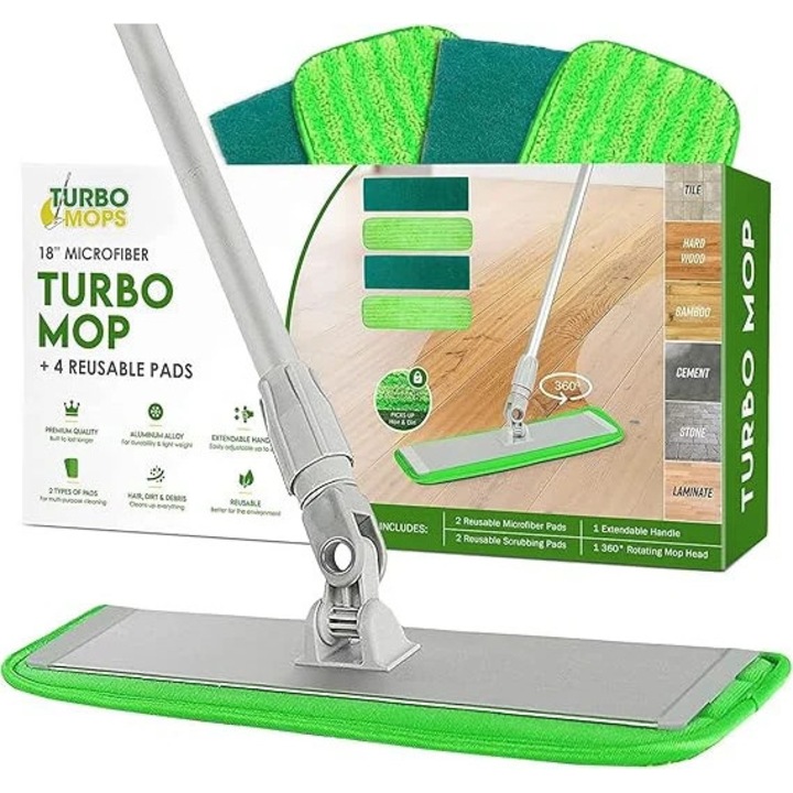 Mop plat din microfibra TURBOMOPS, cap rotativ 360°, 45 cm (18 inch), maner reglabil pe inaltime, 4 rezerve reutilizabile, pentru pardoseli dure si gresie, material Microfibra + Aluminiu, culoare Gri