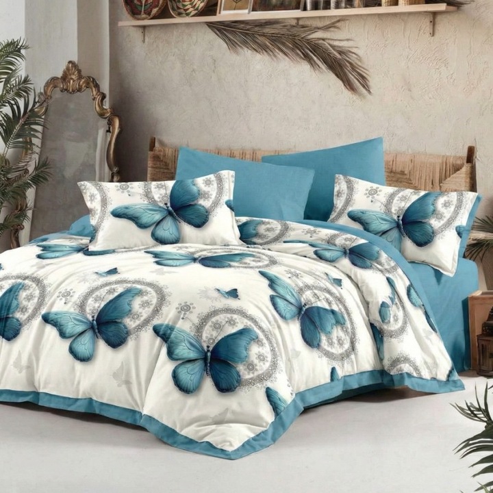 Dupla finet ágynemű, 180x200 cm-es gumis lepedő, 6 részes, Különleges Ágyneműk, Kék pillangók