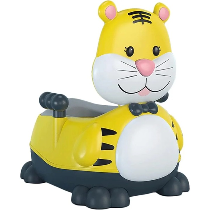 Olita Scaunel, pentru copii, GHEMOTOC®, cu Spatar, Manere, Capac, Portabila, Muzicala, Forma Anatomica, cu Sezut Moale, model tigru, galben