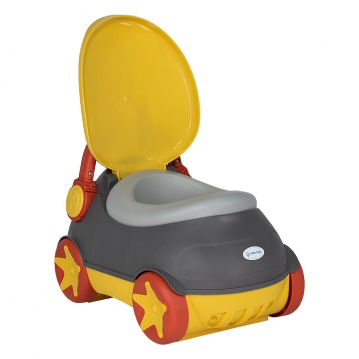 Olita Scaunel, pentru copii, GHEMOTOC®, cu Spatar, Manere, Capac, Portabila, Muzicala, Forma Anatomica, cu Sezut Moale, model masina, gri