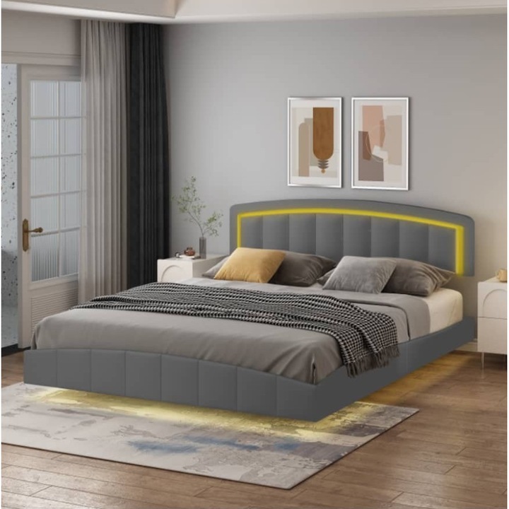 Pat Torino gri 160x200 CELA, tapitat cu piele ecologică, iluminare LED integrată