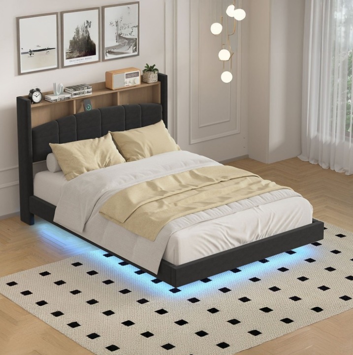 Pat dublu CELA Mario negru 160x200cm, tapitat cu catifea, iluminare LED integrata, spatiu de depozitare