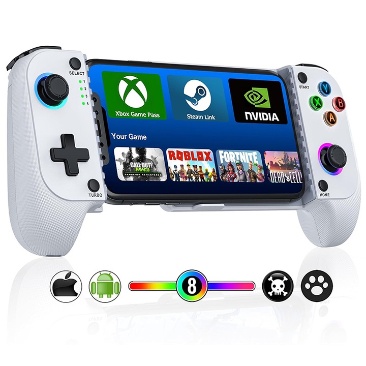 GamePad vezérlő Android/iOS-hez, Rqiurpn, Telefonhoz/PS3/PS4/Switch/PC-hez, Telefontartó, Bluetooth, Vezeték nélküli, RGB, 600mAh, USB-C töltés, Fehér