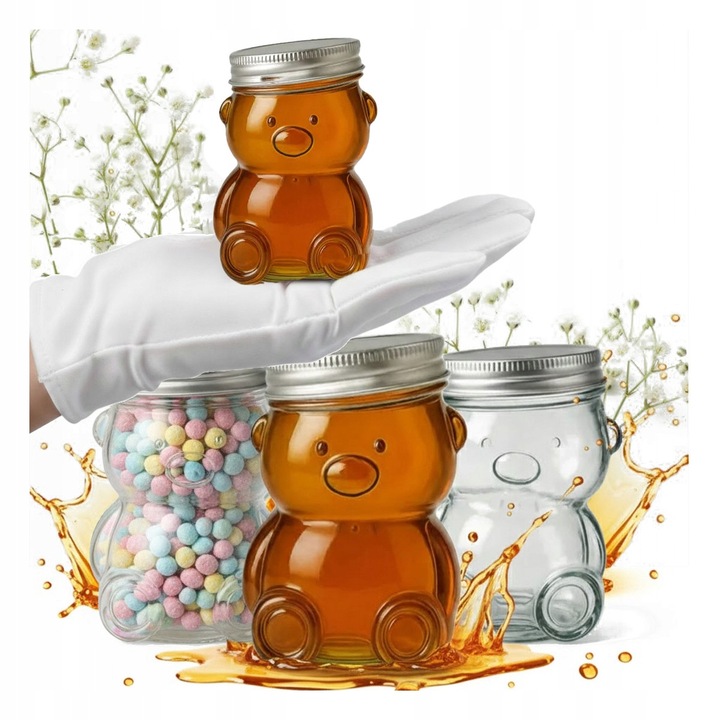 Set 4 borcane sticlă ursuleț 80ml Bimberek, capacitate 80ml, mix culori, 8x5, 5cm