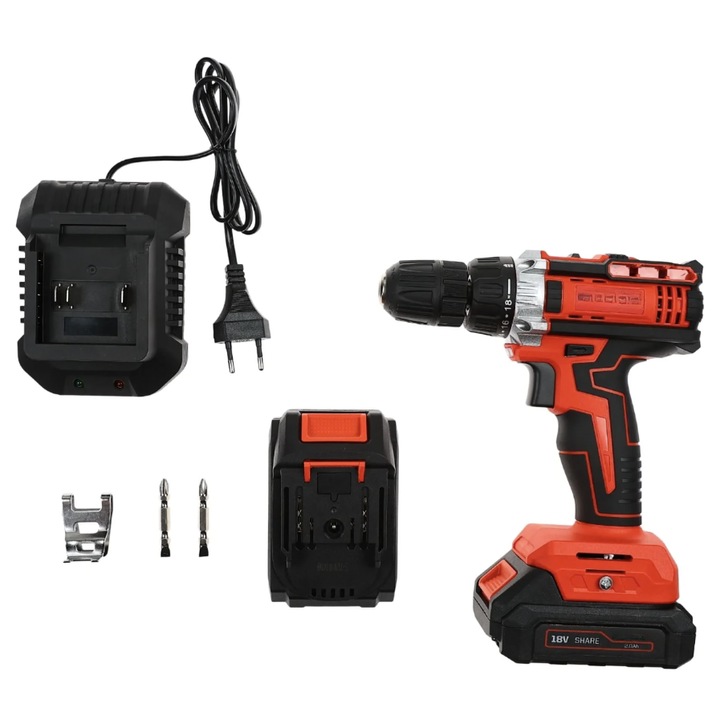 Акумулаторна бормашина и винтоверт, с 2 батерии, 18 V, 2 Ah, 1450 об/мин, бързозатягащ патронник 10 мм, въртящ момент 30 Nm, с куфар