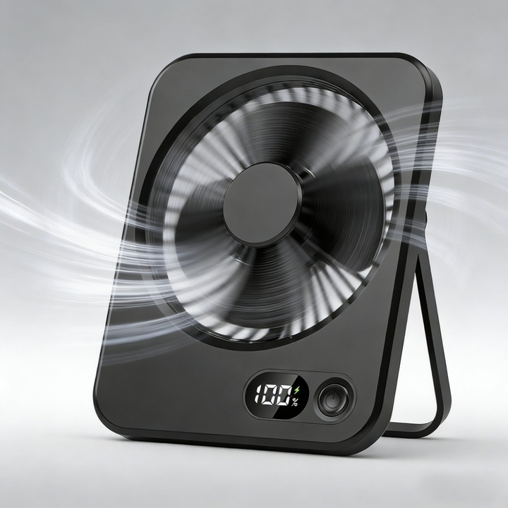 Ventilator USB de birou, 1-100 viteze, motor fara perii, negru, 11.43x3.5cm, alimentare cu acumulator 2000mAh