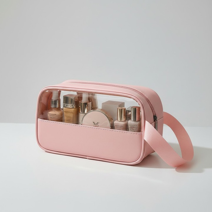 Geanta de Cosmetice, Comando Home, Compacta, Spatioasa, Cu fereastra Transparenta, Ideala pentru Casa, Calatorii sau Camping, cu Maner, Inchidere cu Fermoar, Material Impermeabil, Dimensiuni 22x12x8 cm, Roz