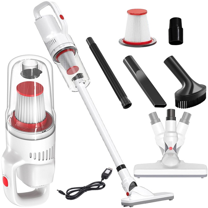 Aspirator de mana Juksun, 12000Pa, 500ml, 4-in-1, 2 filtre HEPA, alb, 23x119cm