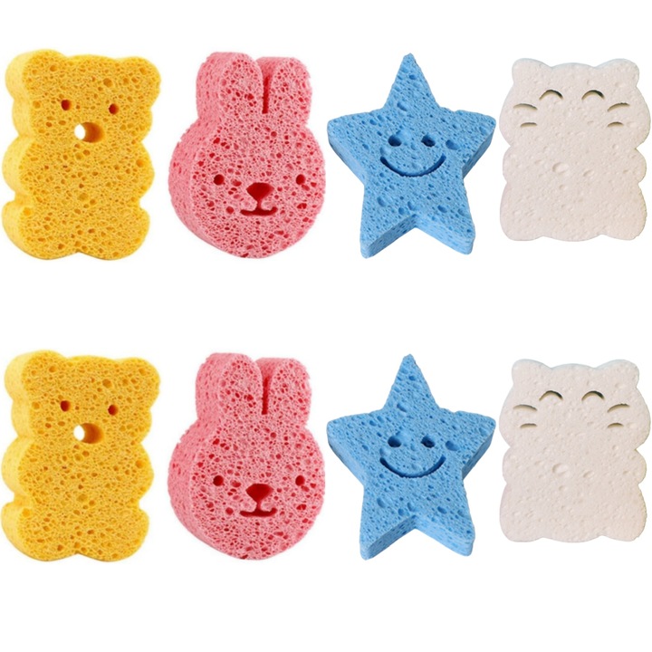 8 db babafürdető szivacs szett, állatfigurás, fapép rost, puha és kényelmes, Lunniquee®, többszínű