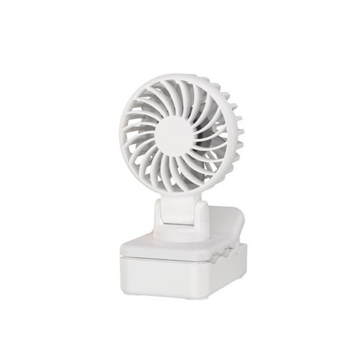 VeniSymlis® Ventilator portabil tip clema DQ259, cu baterie 1200mAh, 3 viteze, reglaj unghiular 180° stanga-dreapta + 90° sus-jos, prindere universala, design bionic pentru flux de aer optim, incarcare USB-C, compact 60x72x106mm, 106g, alb