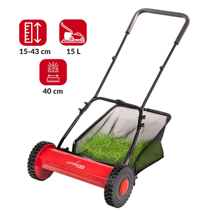 Masina de tuns iarba manuala Lehmann LGASM-4043, latime de taiere 40cm, recipient pentru iarba 15L, reglare a inaltimii de taiere 15–43 mm, echipata cu 5 lame, rosu