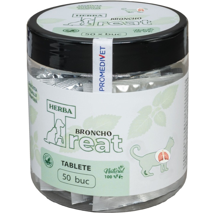 Herba Treat Broncho Pisici 100% Matural cu propietati expectorante, antiinflamatoare, antialergice, antitusive, calmand tusea si curatand caile respiratorii, fluidificand secretile bronsice acute si cronice, in traheo- bronsite acute si astm bronsic