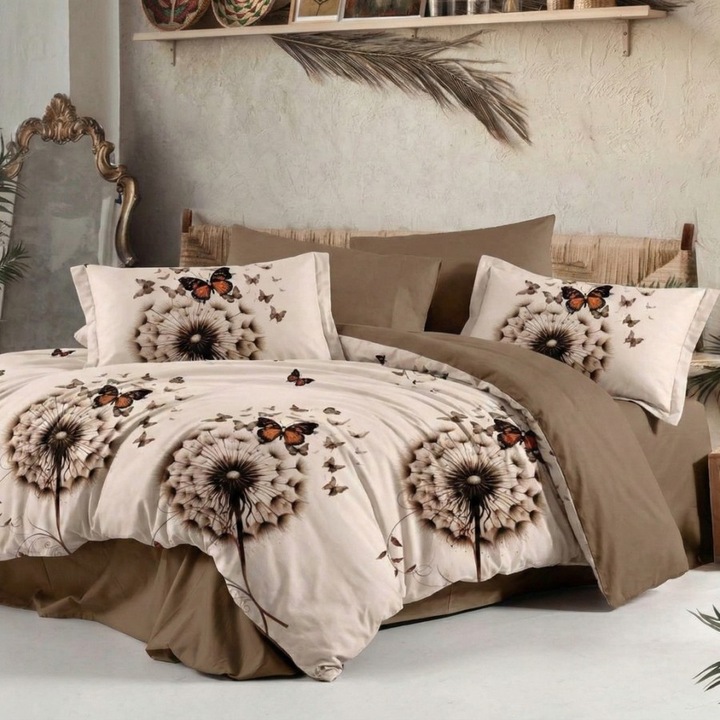 Lenjerie pat dublu din finet, cearceaf pat cu elastic 180x200 cm, 6 piese, Lenjerii Deosebite, Papadie bej cu fluturi