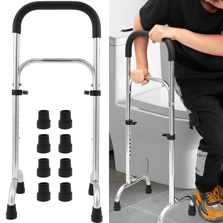 Cadru de mers, Bedee, cu maner ergonomic, Ajutor de ridicare, ajustabila pe 7 niveluri, Reglabil pe inaltime 74-90 cm, cu 8 picioare antiderapante, Suporta Pana la 200 Kg, pentru varstnici si persoane cu mobilitate redusa, Alb