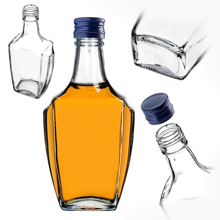 Sticla KADAX, set 50 buc, 250 ml, capac albastru marin, design patrat, sticla rezistenta