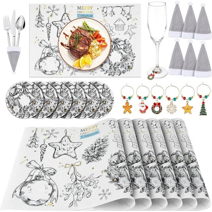 Set 4 suporturi farfurii Phestival 16 in 1, lavabile, cu 4 coastere, markere pahare si saculet tacamuri, multifunctionale, material PVC premium, culoare Gri