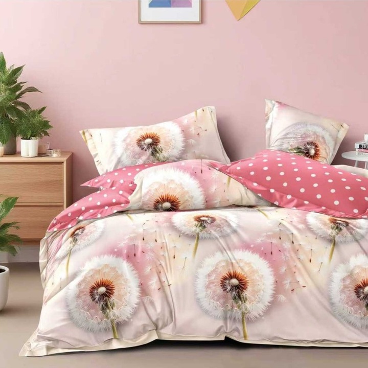 Lenjerie pat dublu din finet, cearceaf pat cu elastic 180x200 cm, 6 piese, Lenjerii Deosebite, Papadii roz cu buline