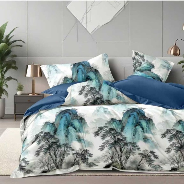 Dupla finet ágynemű, 180x200 cm-es gumis lepedő, 6 részes, Különleges ágyneműk, Kőolajkék hegyi táj