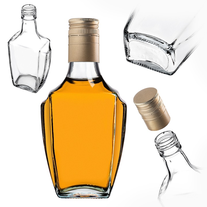 Sticla KADAX set 10 bucati, 250 ml, design patrat, capac lung auriu, sticla transparenta