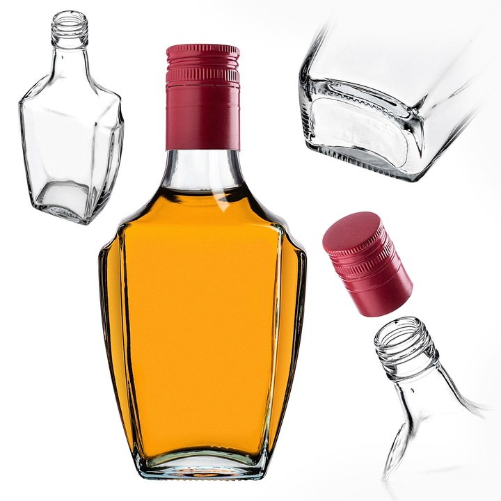 Sticla KADAX, set 50 buc, 250 ml, design patrat, capac rosu, sticla transparenta