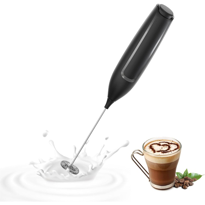 Spumator de lapte electric portabil, alimentat cu baterii, cu betisor de spumare si mixer de bauturi cu agitator din otel inoxidabil. Potrivit pentru cafea, matcha, latte, cappuccino si bauturi negre