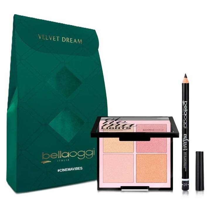 Set machiaj Bellaoggi Velvet Dreams, paletă iluminatoare cu 4 nuanțe, creion ochi negru, multicolor