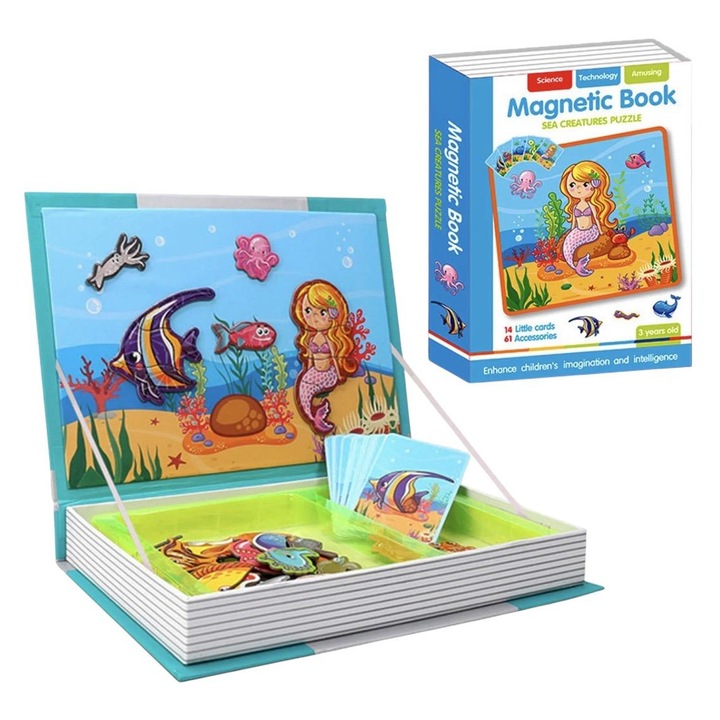 Mágneses Kirakós Kártya – Víz Alatti Világ (Tengeri Élőlények), Oktató és Interaktív Játék, 3+ 14 Kártya, 61 Kiegészítő