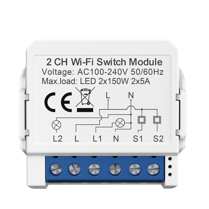 Intelligens relé, AC 100-240V bemenet, WiFi, 2.4Ghz, 2 csatorna, fehér