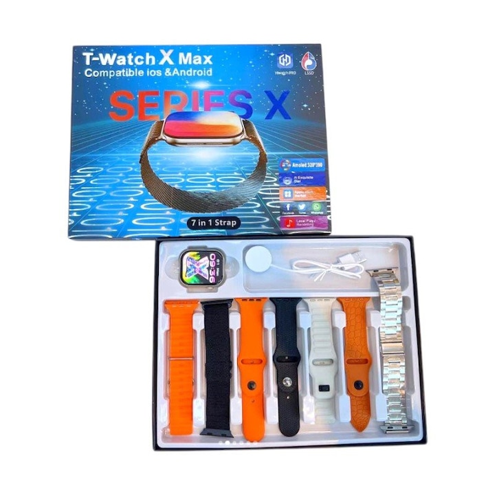 Set Smartwatch Tradesor T-Watch X Max, 7 bratari, 49mm, IP67, Bluetooth 5.0