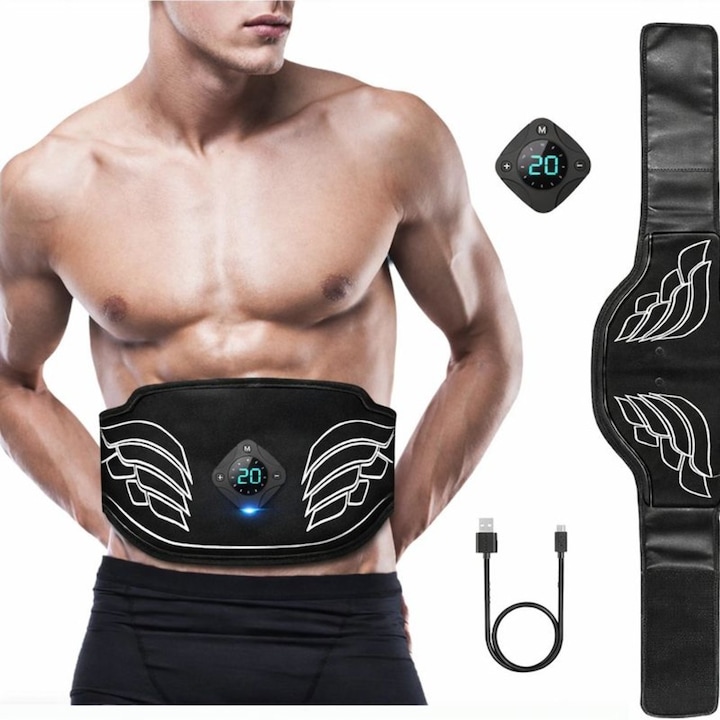 Колан за отслабване MILARIS®, Мускулно тонизиране, EMS, 12 режима, 20 степени на интензивност, Технология за електрическа стимулация с нагряване, тонизиране и отслабване на корема, Черен