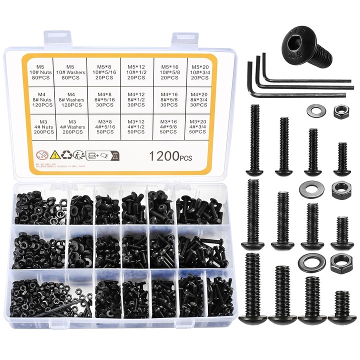 Un set de 1200 de suruburi hexagonale, Tioialz®, dimensiuni M2, M3, M4, cu o cutie transparenta de depozitare pentru acces facil, negru