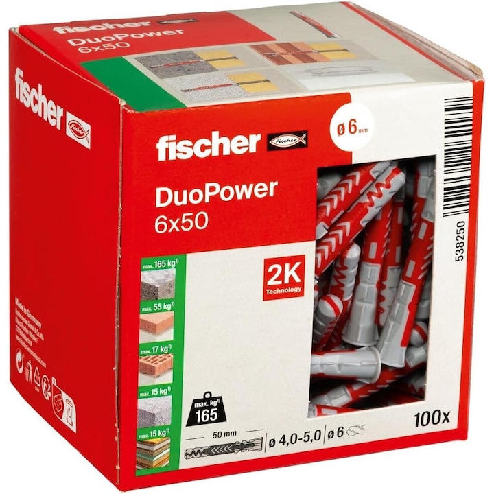 Dibluri universale fischer DuoPower 6 x 50, dibluri puternice din 2 componente, pentru montare in beton, caramizi, piatra, gips-carton si multe altele, fara suruburi, pachet de 100 BUC