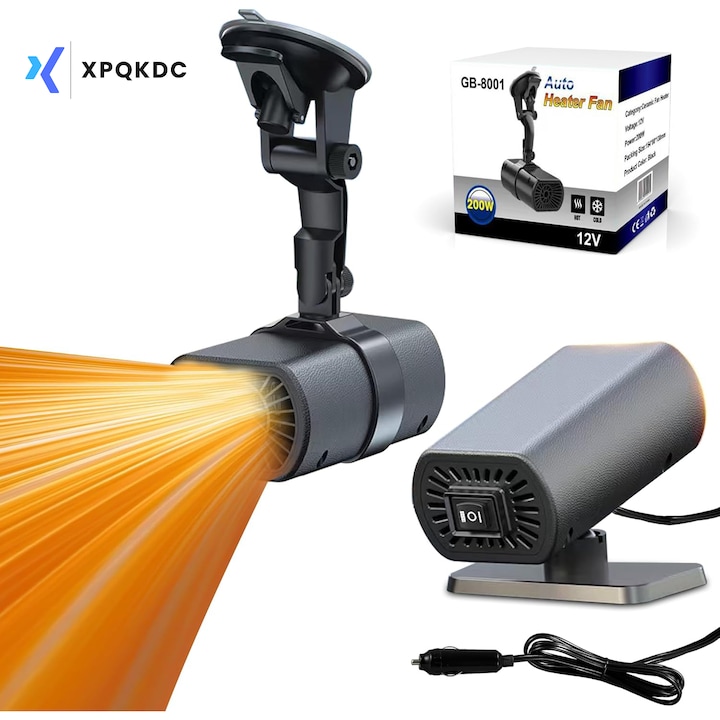 Aeroterma Auto Portabila XPQKDC®, 12V, 200W, Functie Incalzire si Racire Rapida, Dezghetare si Dezaburire Parbriz, Alimentare Bricheta Auto, Suport Rotativ 360 Grade, Protectie Supraincalzire, Negru