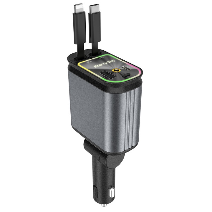 Зарядно за кола 66W, компактен дизайн, прибиращи се USB-A и Type-C кабели, металик сиво, 151.2x63.28x33.4mm