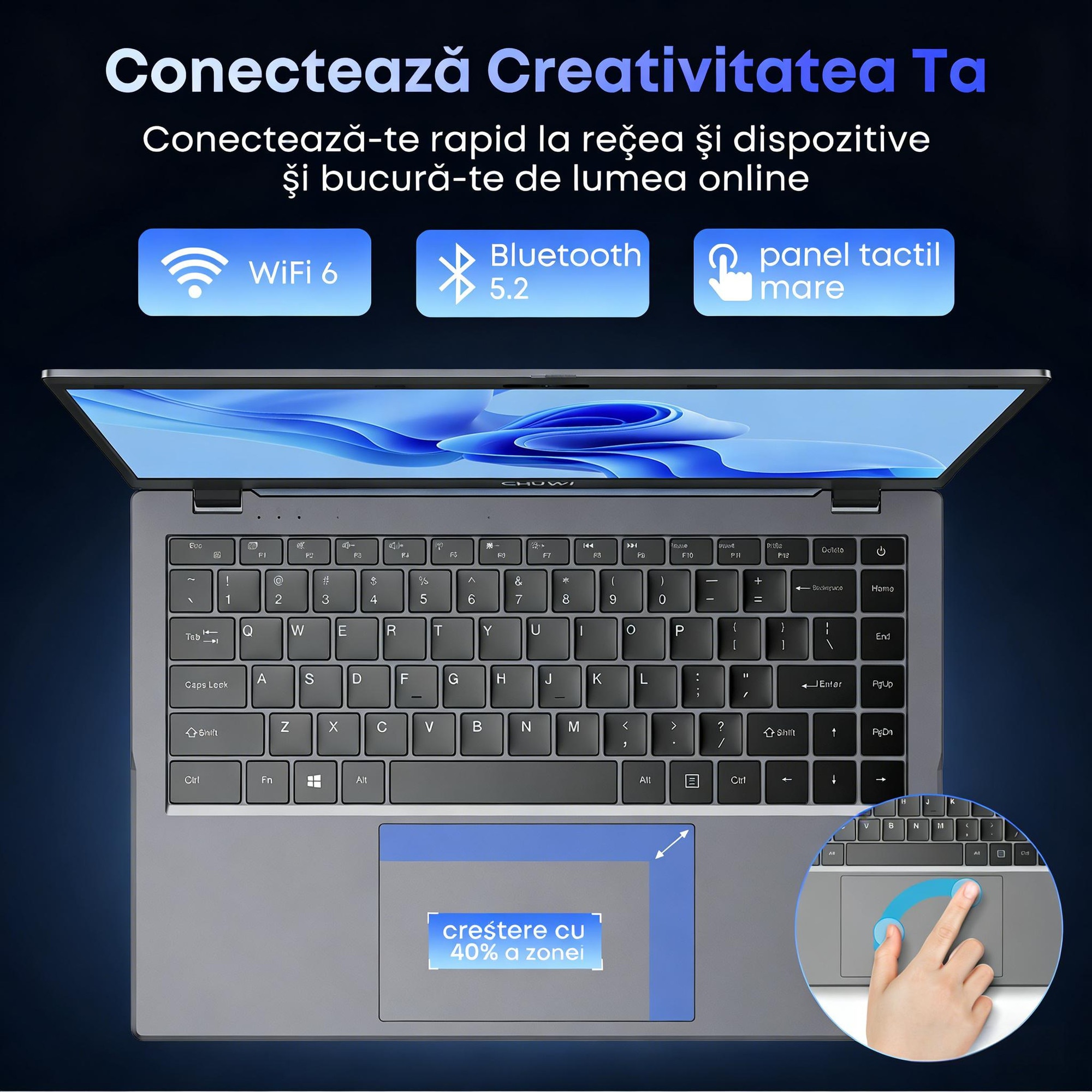 Laptop CHUWI GemiBook X Pro 14.1" FHD IPS, Intel N100, 8GB LPDDR5, SSD 256GB, Windows 11, WiFi 6, Bluetooth 5.2, Slim, Usor, Office & Studii