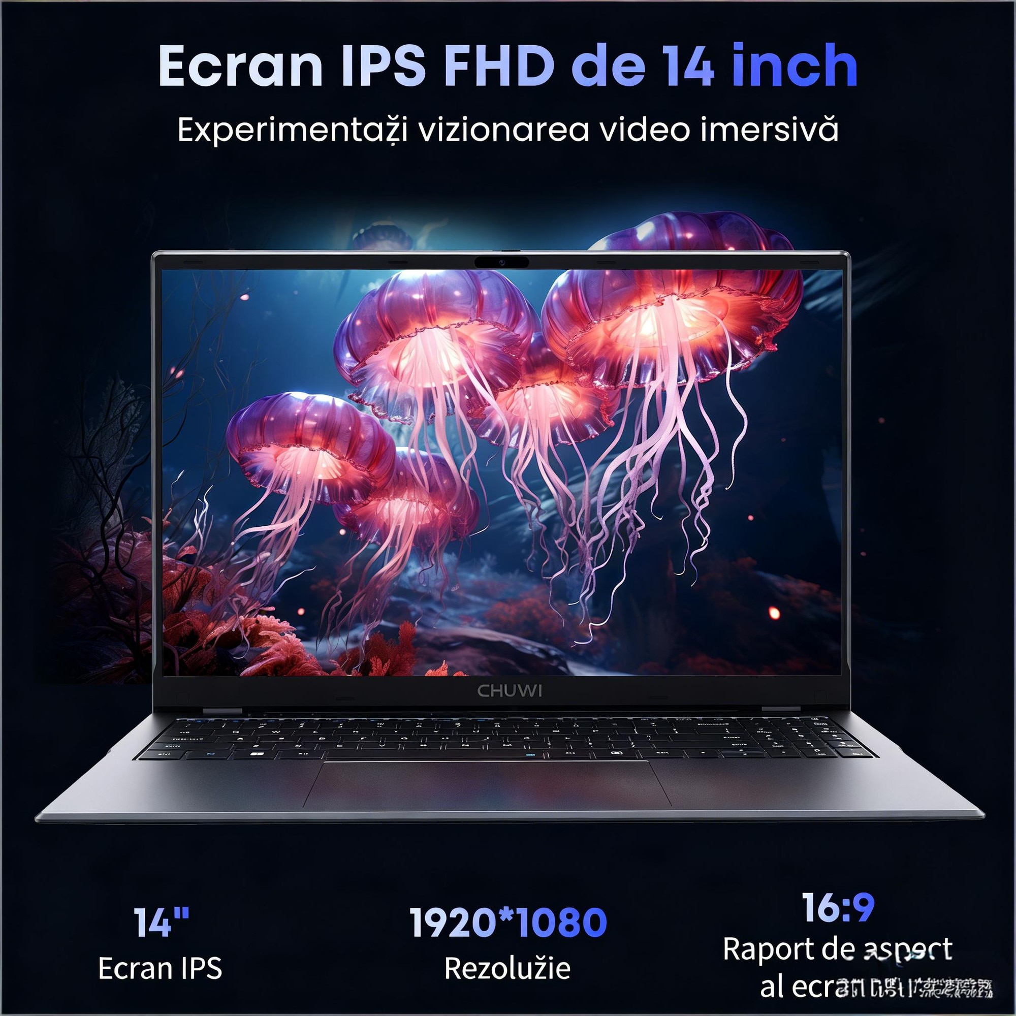 Laptop CHUWI GemiBook X Pro 14.1" FHD IPS, Intel N100, 8GB LPDDR5, SSD 256GB, Windows 11, WiFi 6, Bluetooth 5.2, Slim, Usor, Office & Studii
