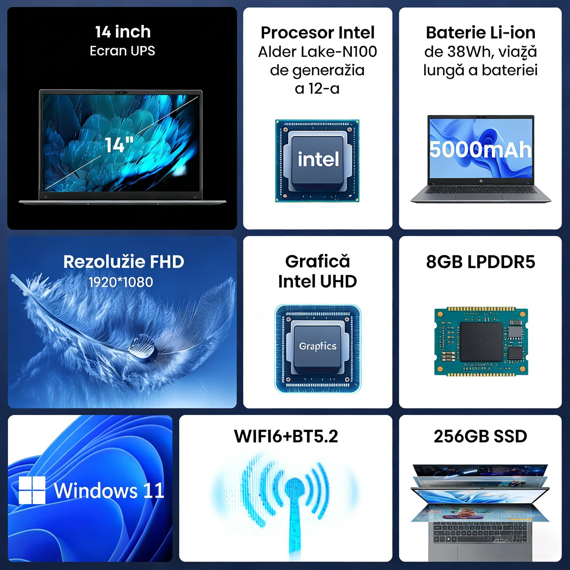 Laptop CHUWI GemiBook X Pro 14.1" FHD IPS, Intel N100, 8GB LPDDR5, SSD 256GB, Windows 11, WiFi 6, Bluetooth 5.2, Slim, Usor, Office & Studii